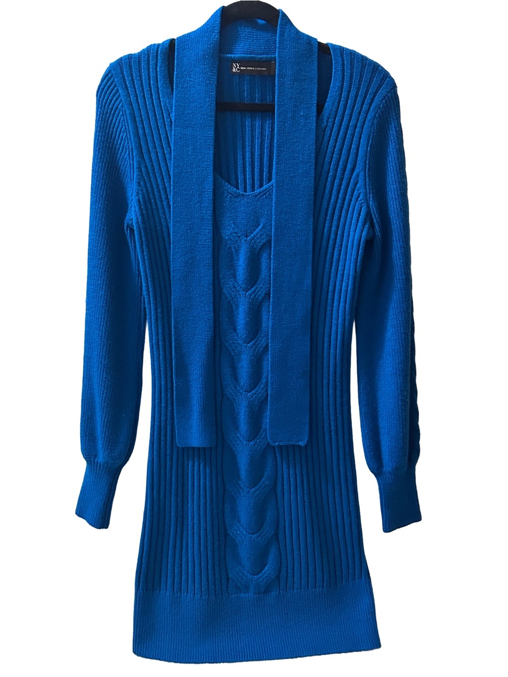 New York & Company Royal Blue Cable-Knit Long Sweater with Scarf